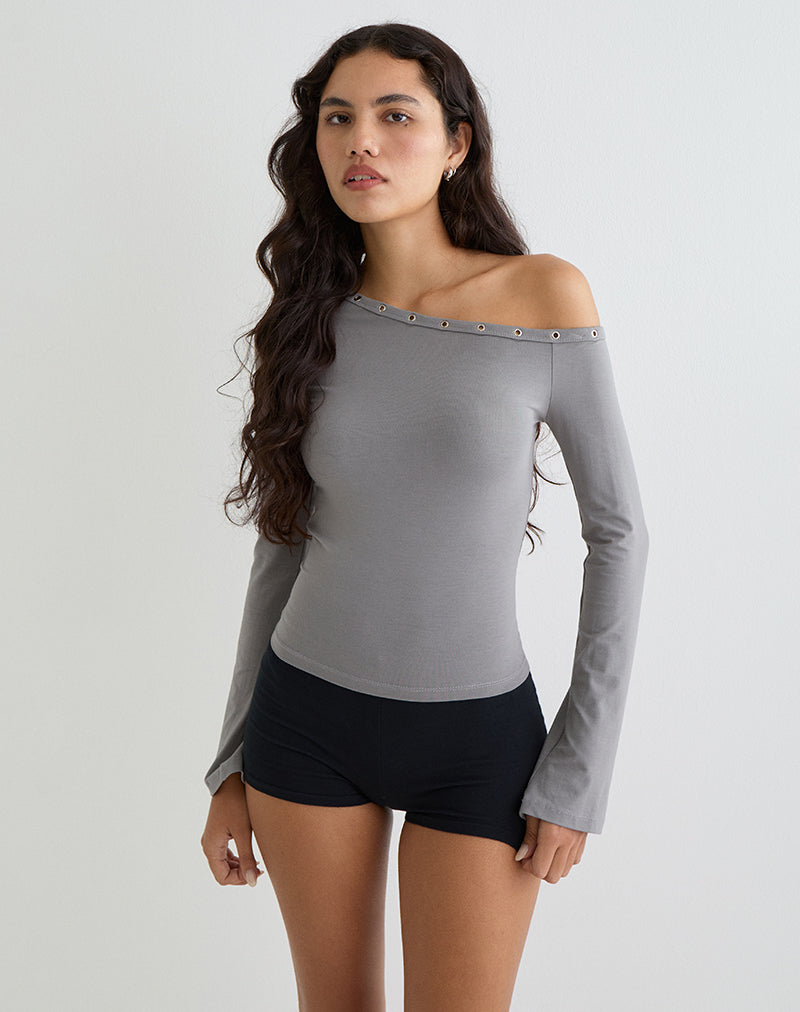 Afbeelding van Noraba One Shoulder Top in Grijs met Oogjes