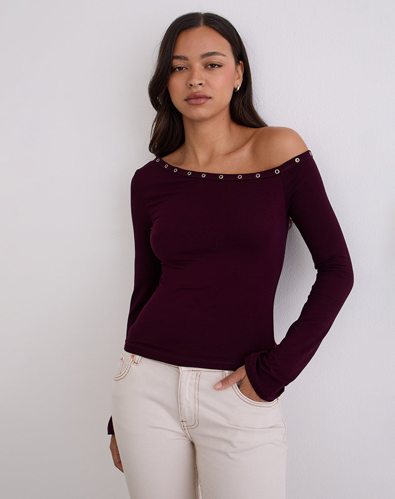 Noraba One Shoulder Top in Rood Hout met Oogjes