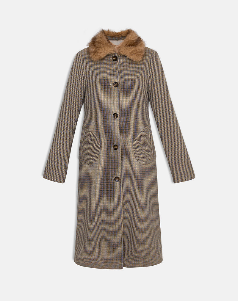 Afbeelding van Norciel Longline Coat in Geruit Bruin met Bontkraag