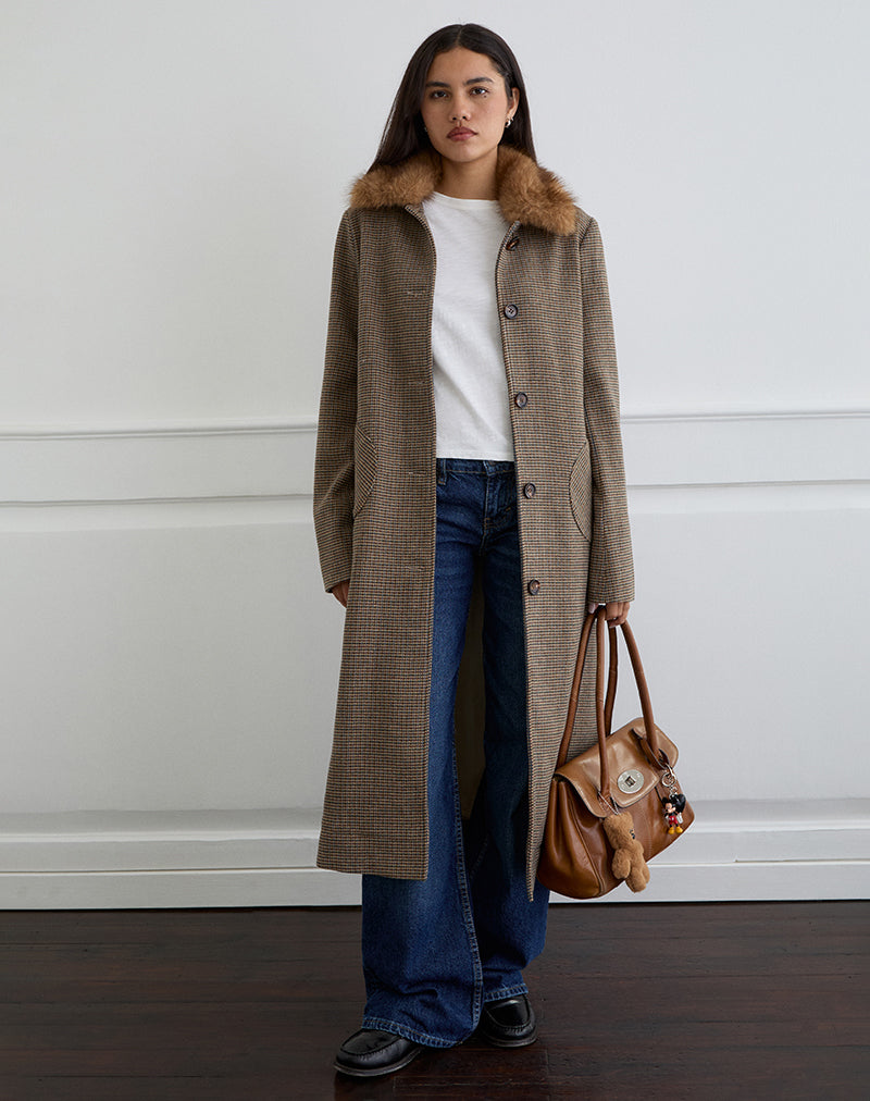 Afbeelding van Norciel Longline Coat in Geruit Bruin met Bontkraag