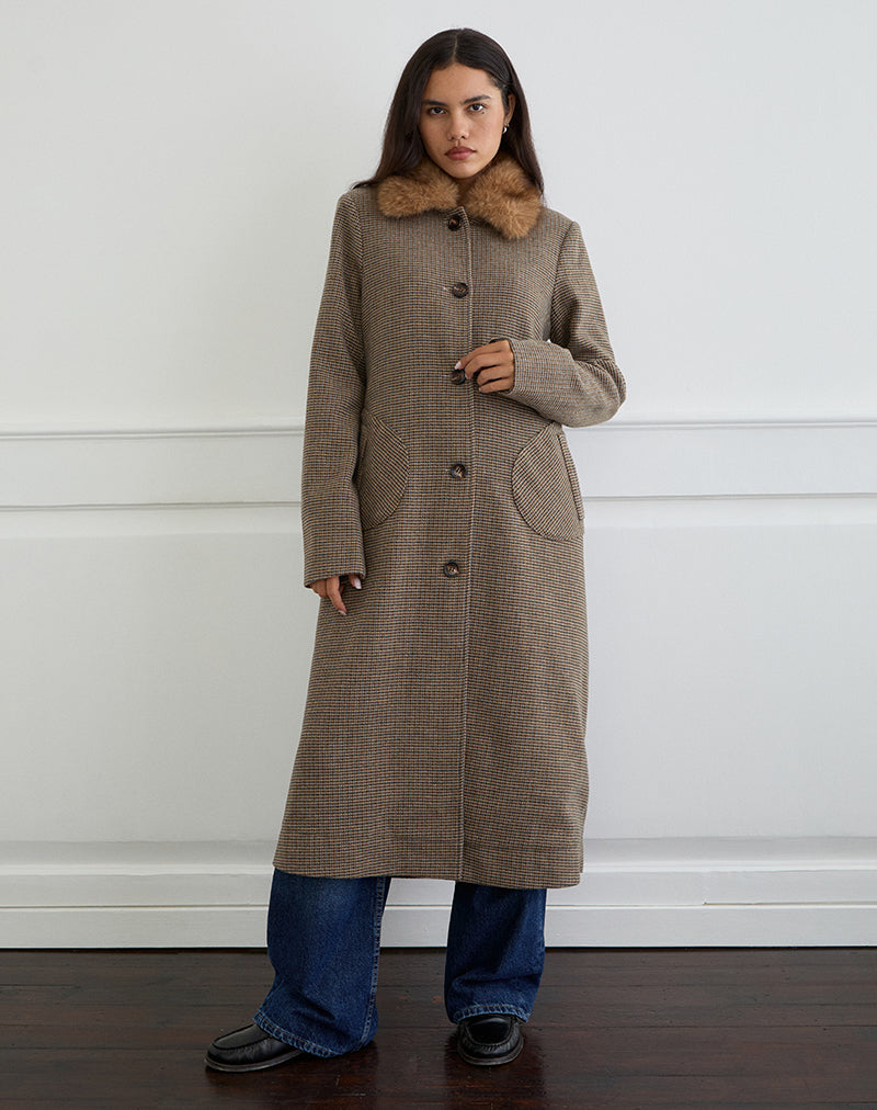 Afbeelding van Norciel Longline Coat in Geruit Bruin met Bontkraag