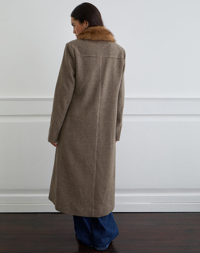 Afbeelding van Norciel Longline Coat in Geruit Bruin met Bontkraag
