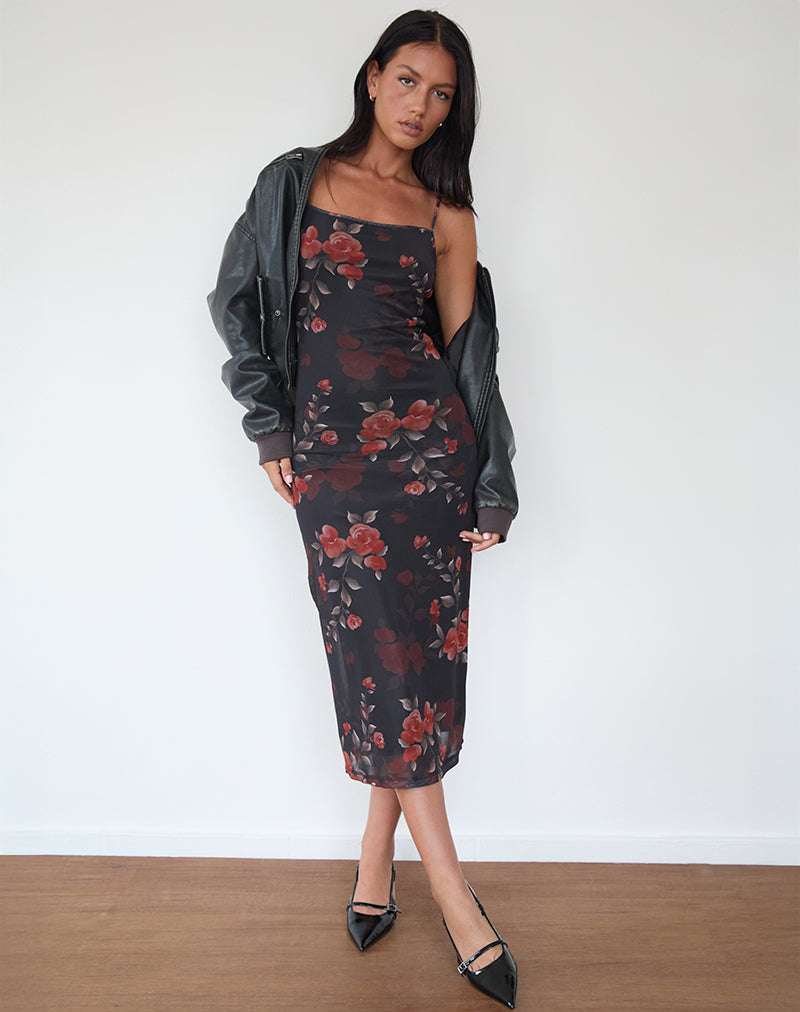 Nori Midi Dress in Watercolour Rose Zwart