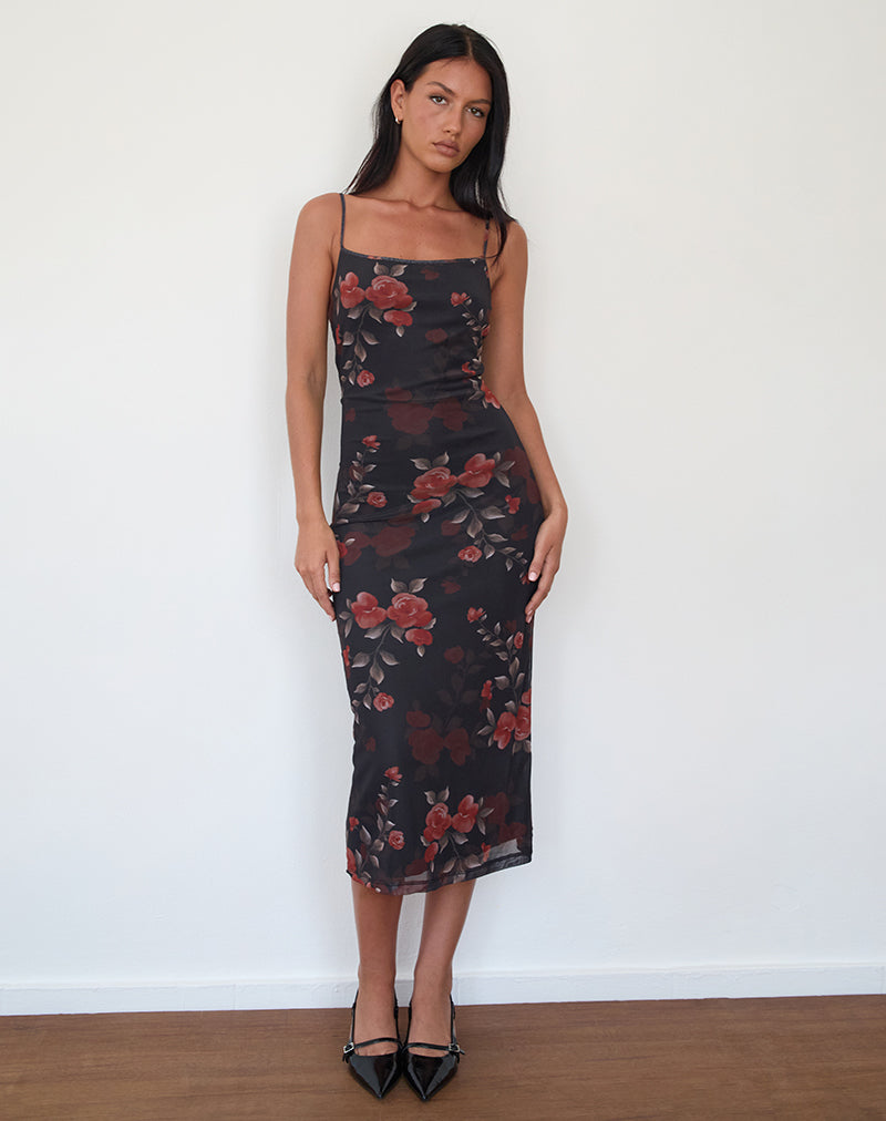 Afbeelding van Nori Midi Dress in Watercolour Rose Zwart