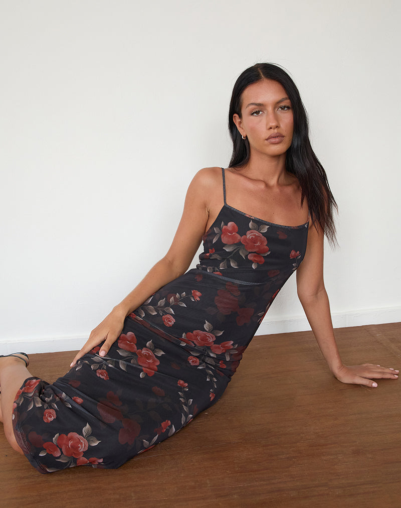 Nori Midi Dress in Watercolour Rose Zwart