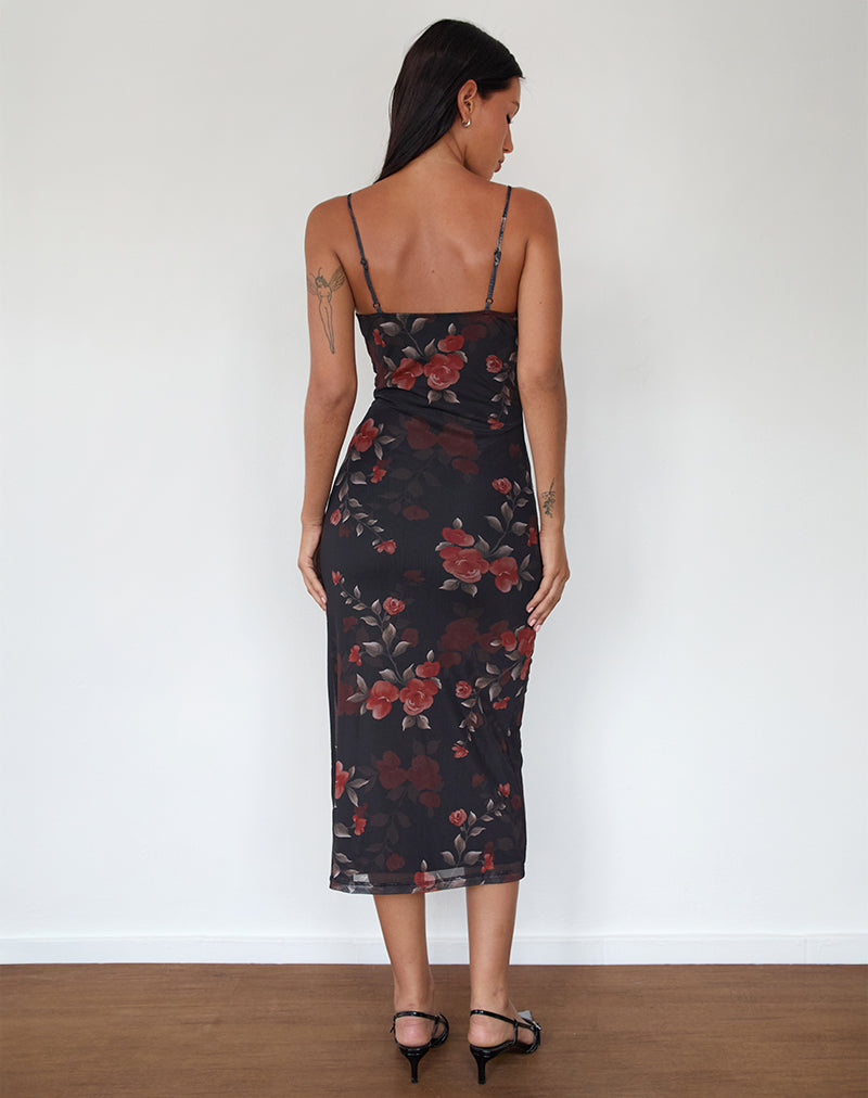Afbeelding van Nori Midi Dress in Watercolour Rose Zwart