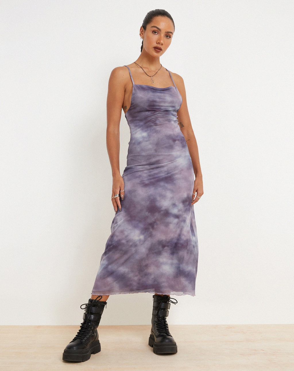 Norishi bedrukte midi-jurk van mesh in smokey kleurverloop paars