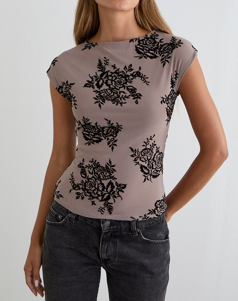 Afbeelding van Nova Top in Taupe Grey met opvallende bloemenprint