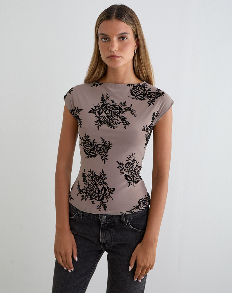 Afbeelding van Nova Top in Taupe Grey met opvallende bloemenprint
