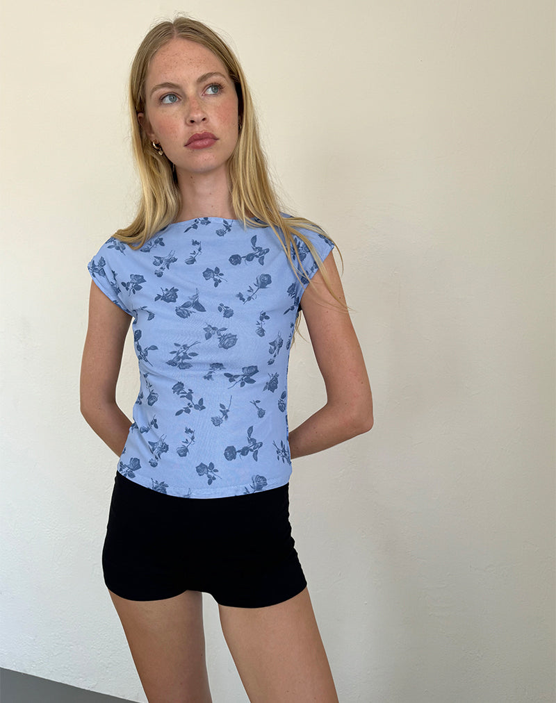Nova Top in donkerblauw bloemenraster