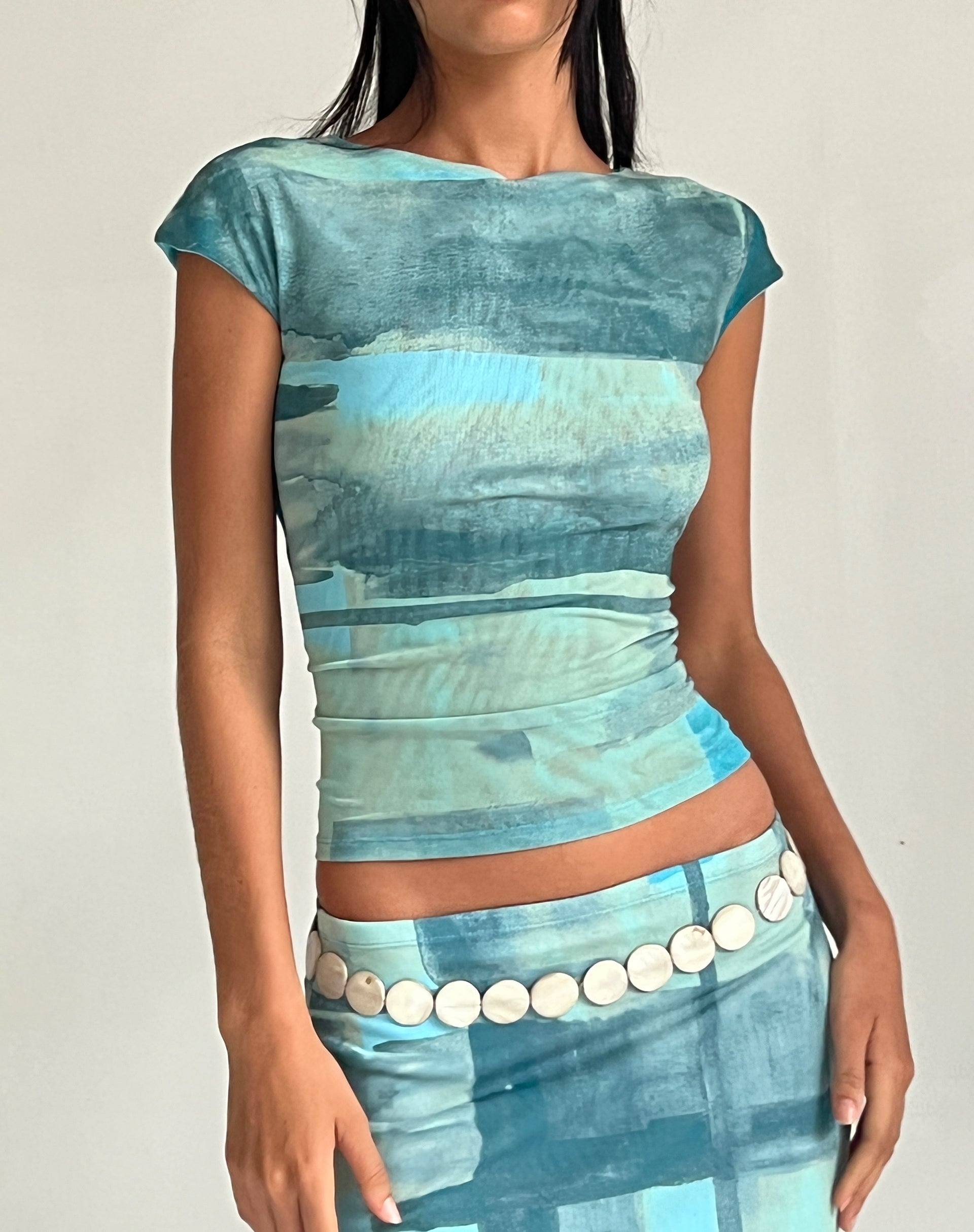 Afbeelding van MOTEL X JACQUIE Nova Top in Mesh Groen en Blauw Abstract Verfpenseel
