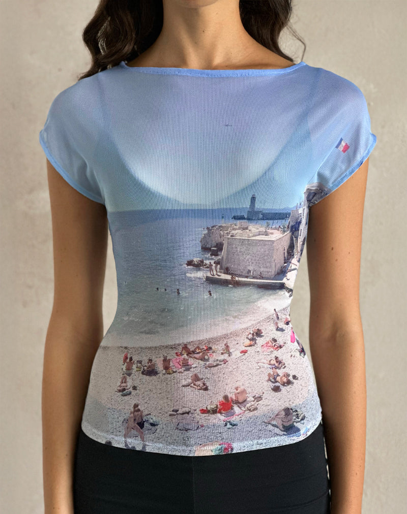 Nova Top in bedrukte mesh Cote D'Azur Blue Graphic