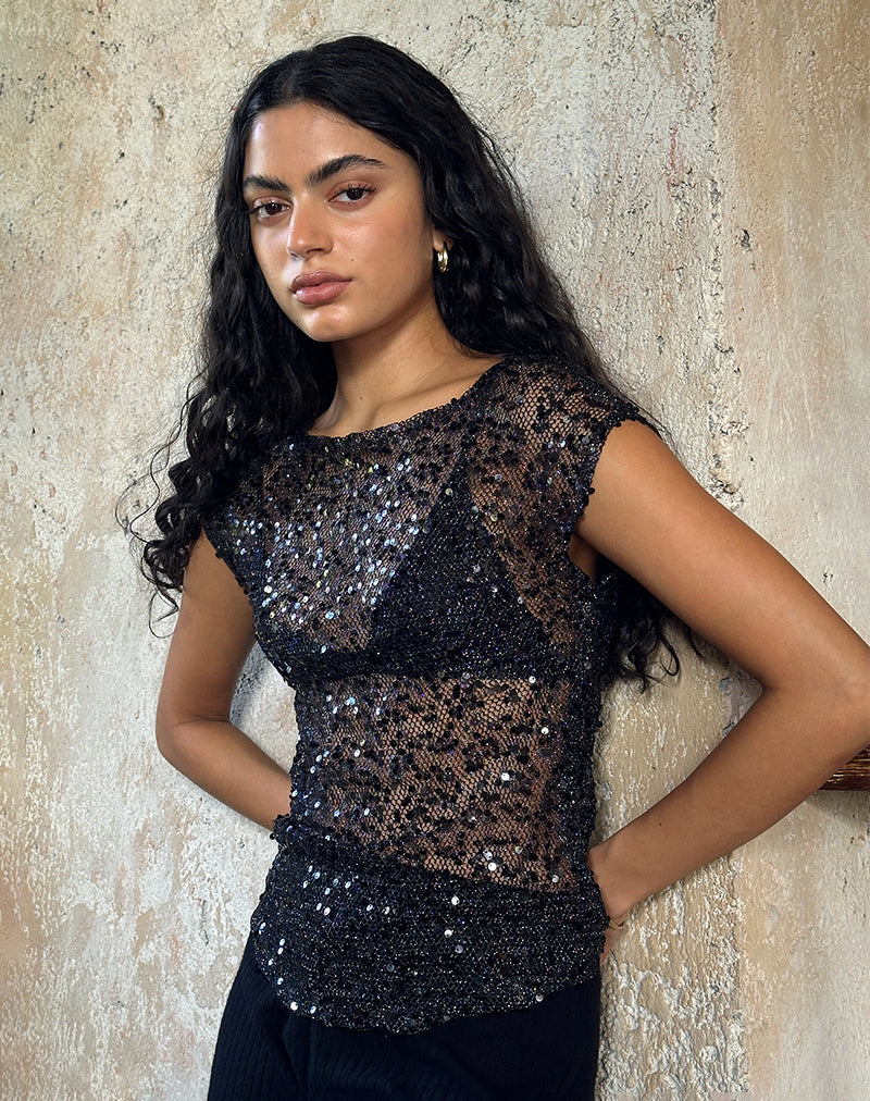 Afbeelding van Nova Top in Pailletten Mesh Zwart