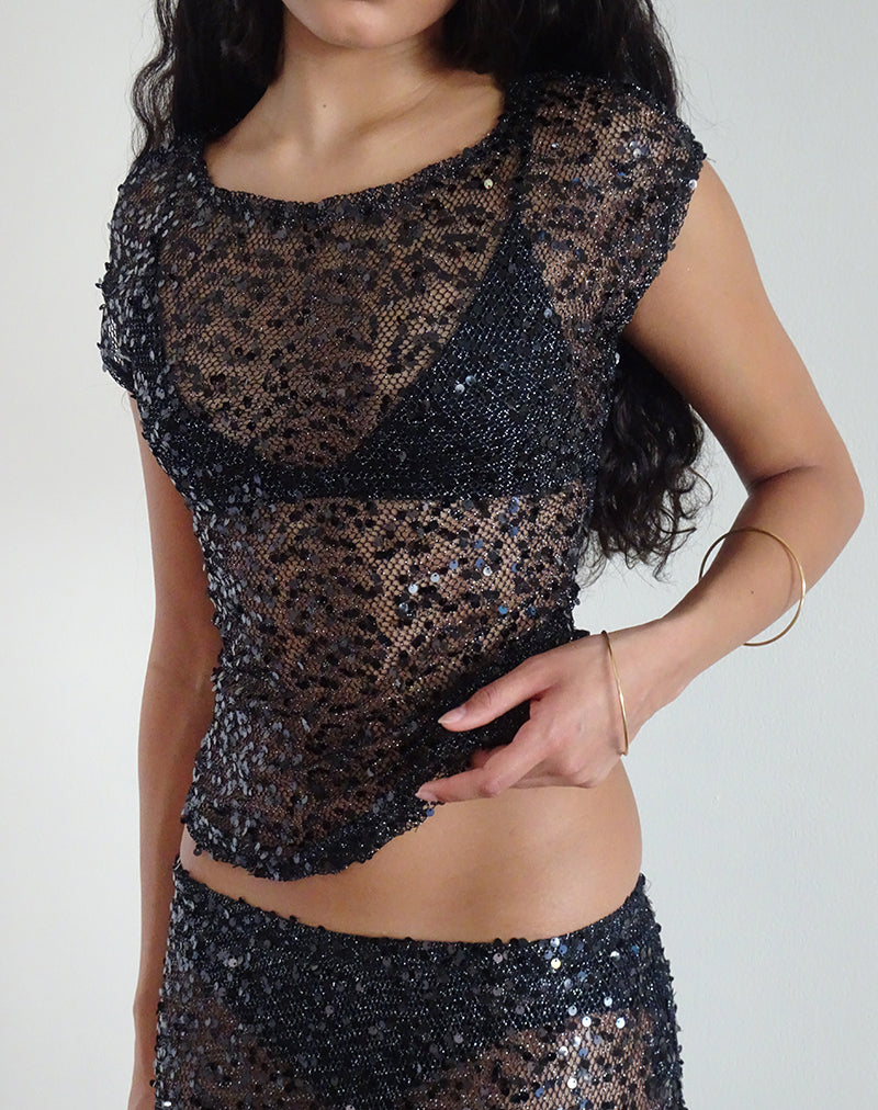 Afbeelding van Nova Top in Pailletten Mesh Zwart