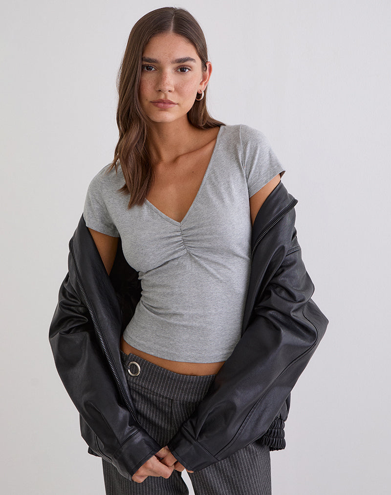 Obanai top met korte mouwen en V-hals in grijs gemêleerd