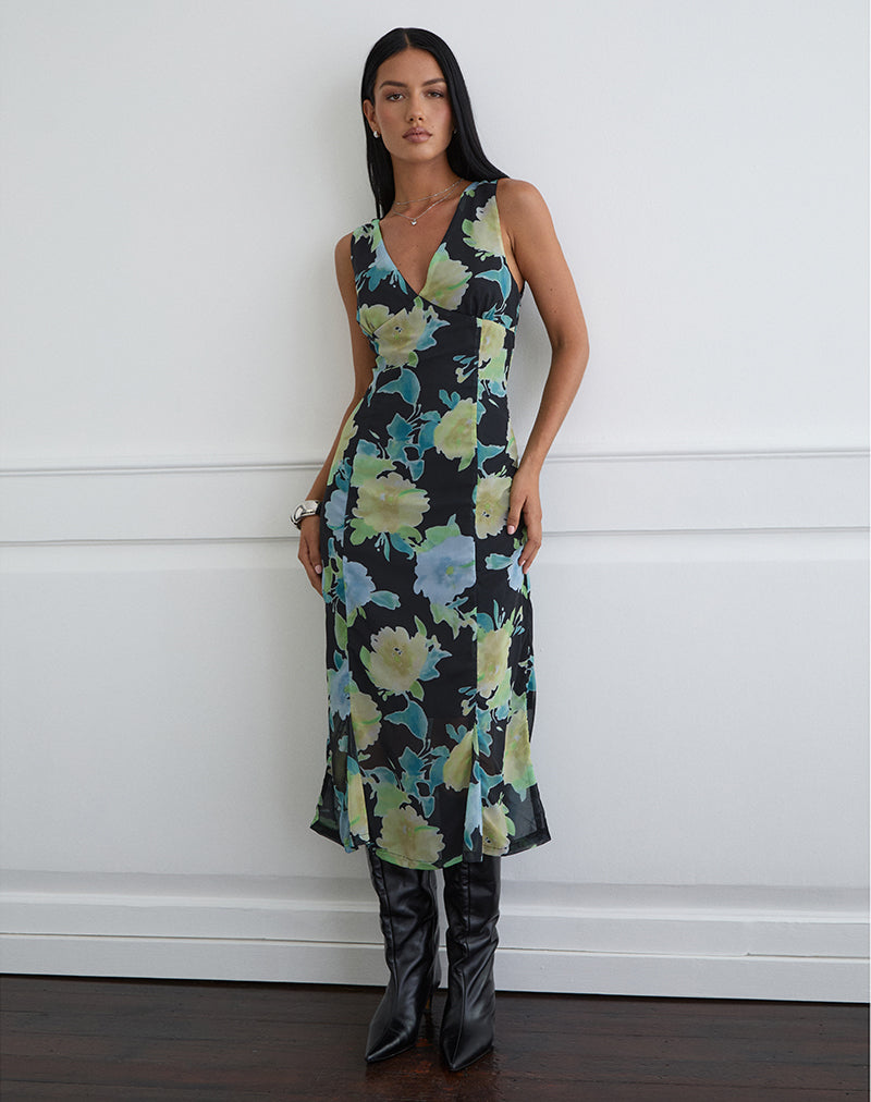 Olydia midi-jurk van zwarte chiffon met kristallen bloemenprint