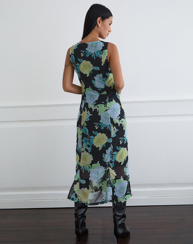 Afbeelding van Olydia midi-jurk in zwarte chiffon met kristallen bloemenprint