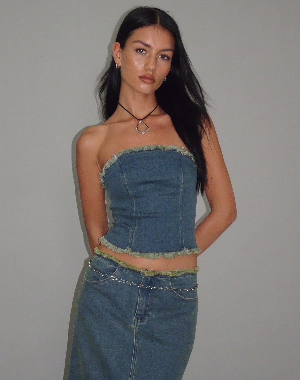 Omas Denim Bandeau Top in Bruin Blauw Acid Wash