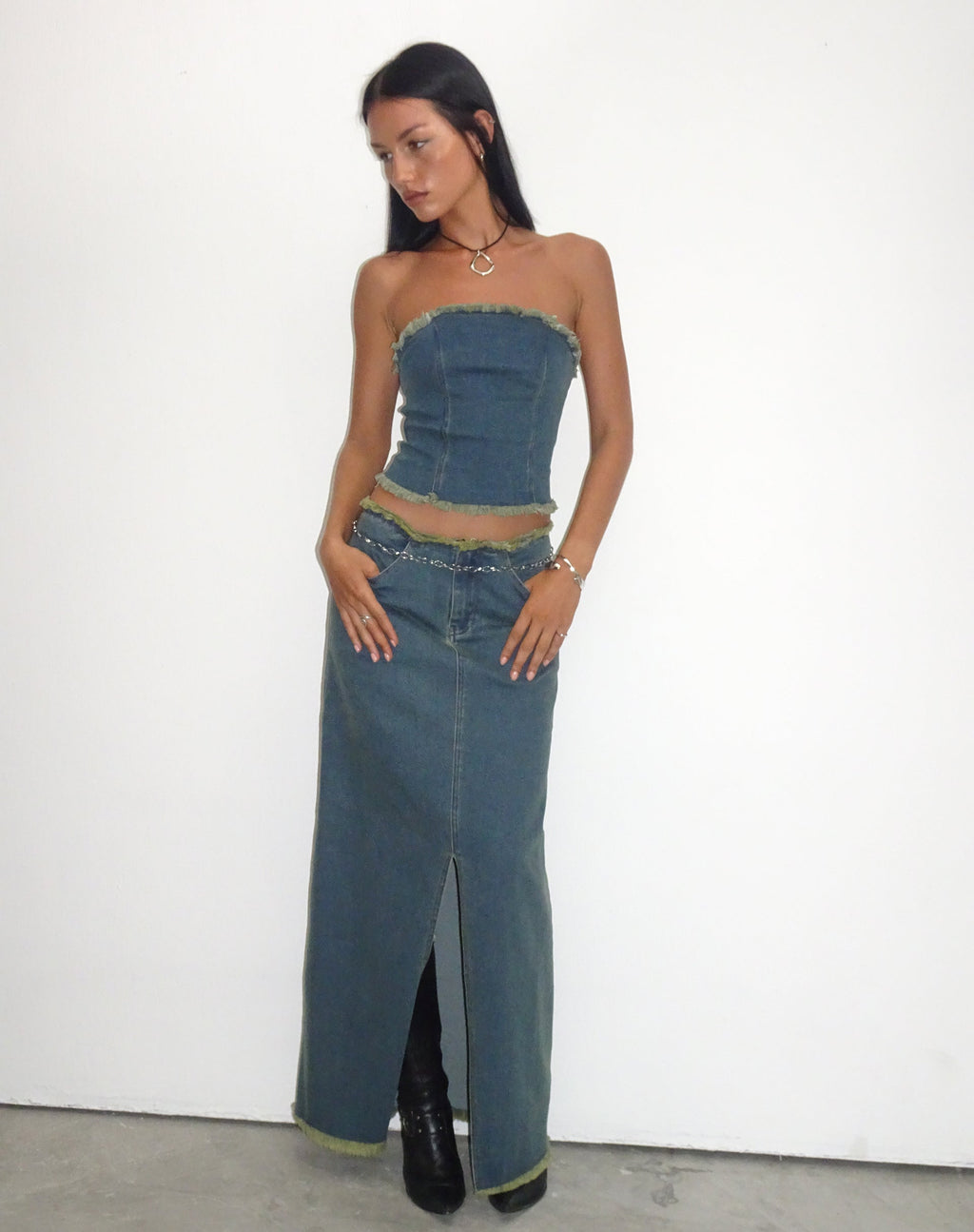 Omas Denim Bandeau Top in Bruin Blauw Acid Wash