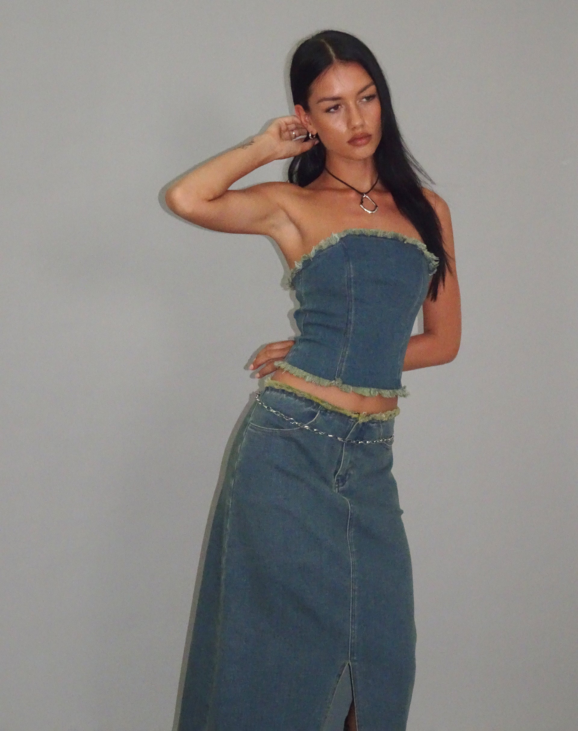 Afbeelding van Omas Denim Bandeau Top in Bruin Blauw Acid Wash