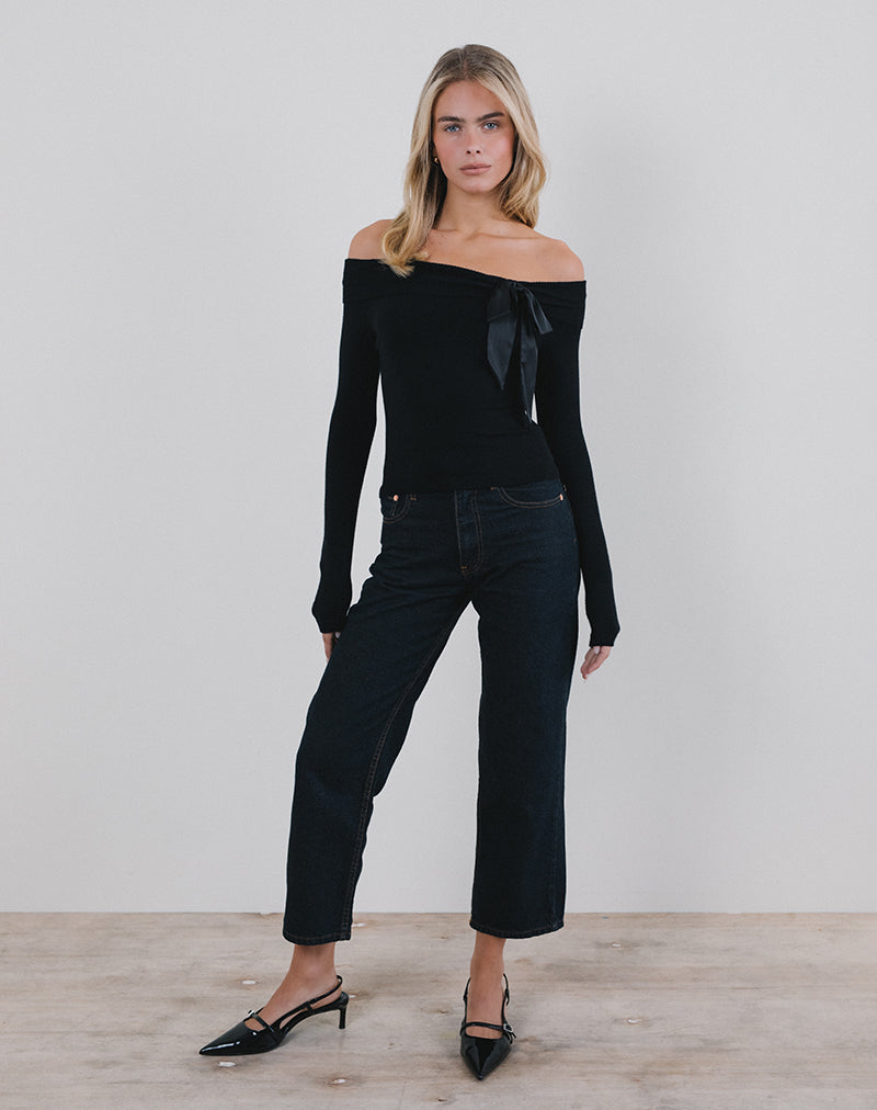 Orianne Bardot Top in gebreid zwart met satijnen strik