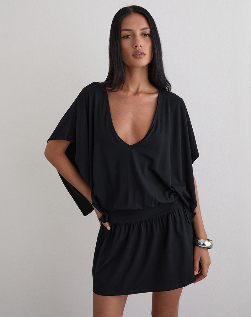 Afbeelding van Osiri Batwing Plunge Mini Jurk in Jersey Zwart