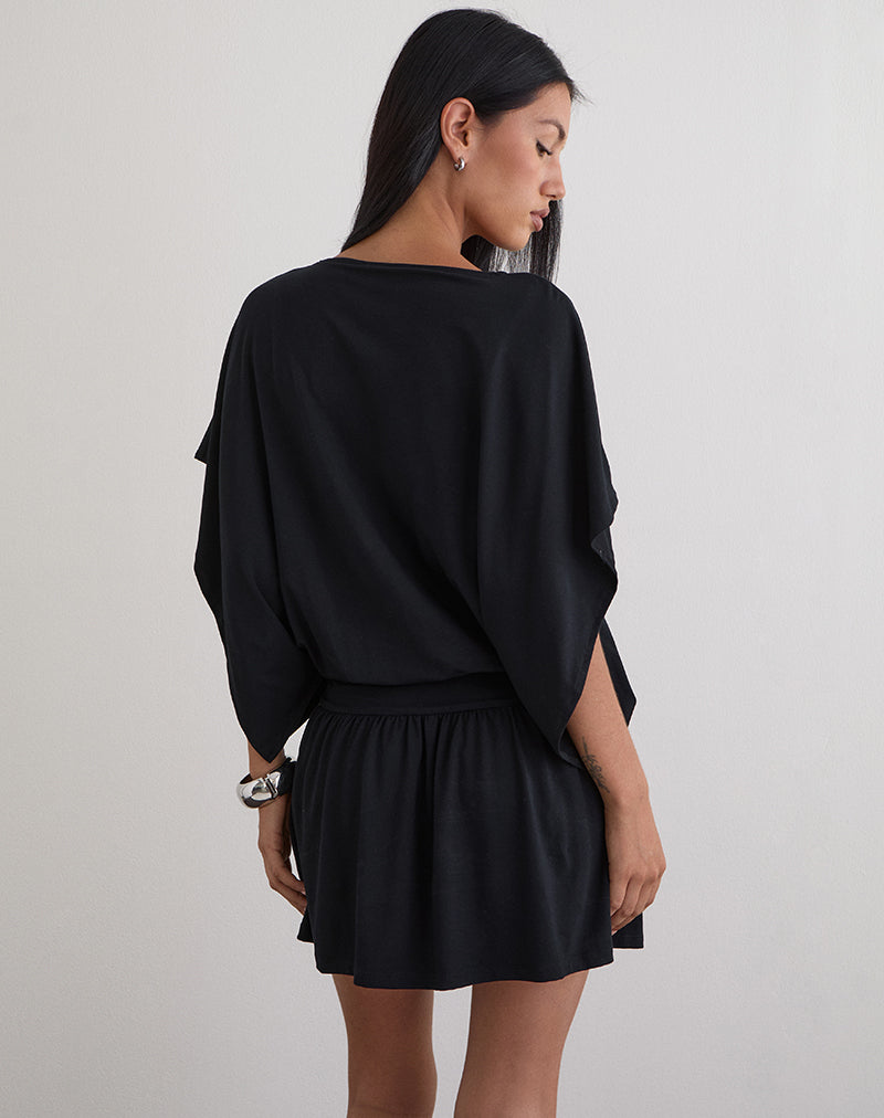 Afbeelding van Osiri Batwing Plunge Mini Jurk in Jersey Zwart