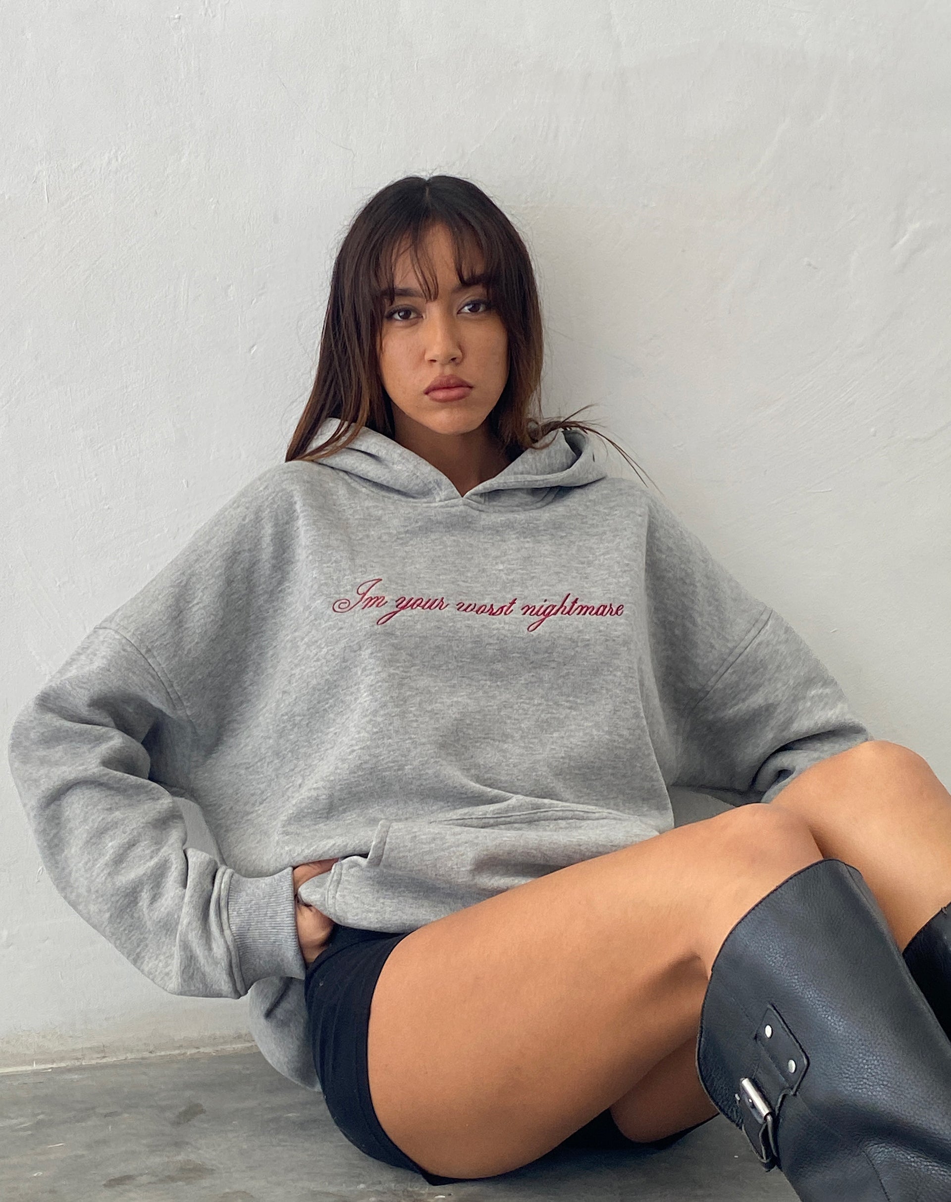 Afbeelding van Oversized Hoodie in Grijs Marl met Worst Nightmare Graphic