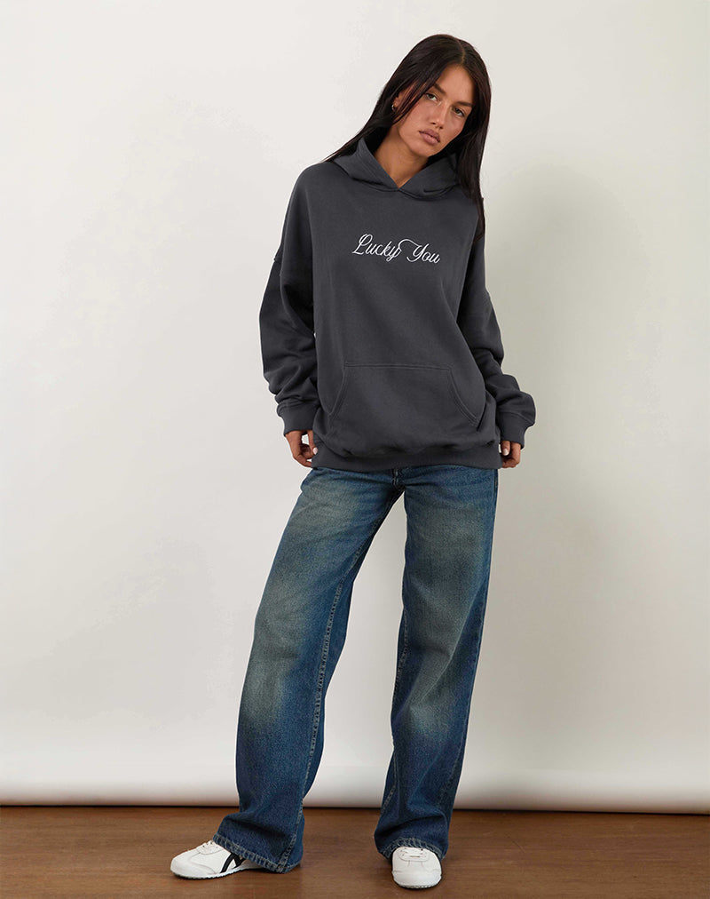 Afbeelding van Oversized Hoodie in Ocean Storm met Lucky You-grafiek