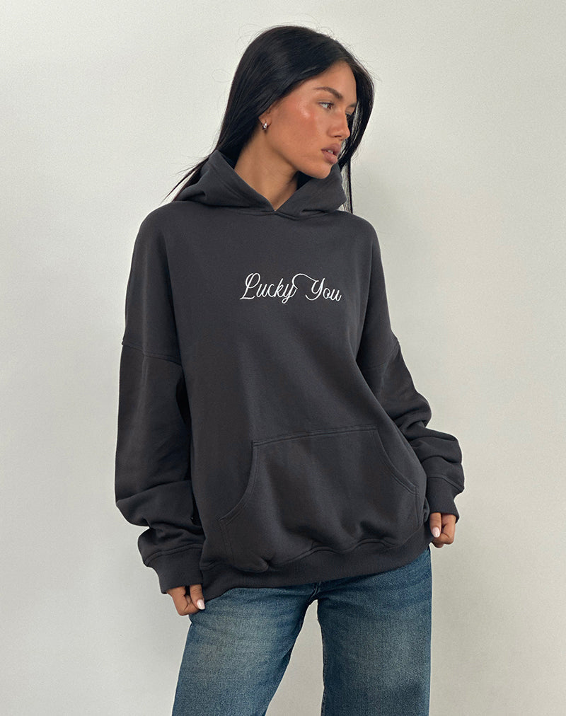 Afbeelding van Oversized Hoodie in Ocean Storm met Lucky You-grafiek