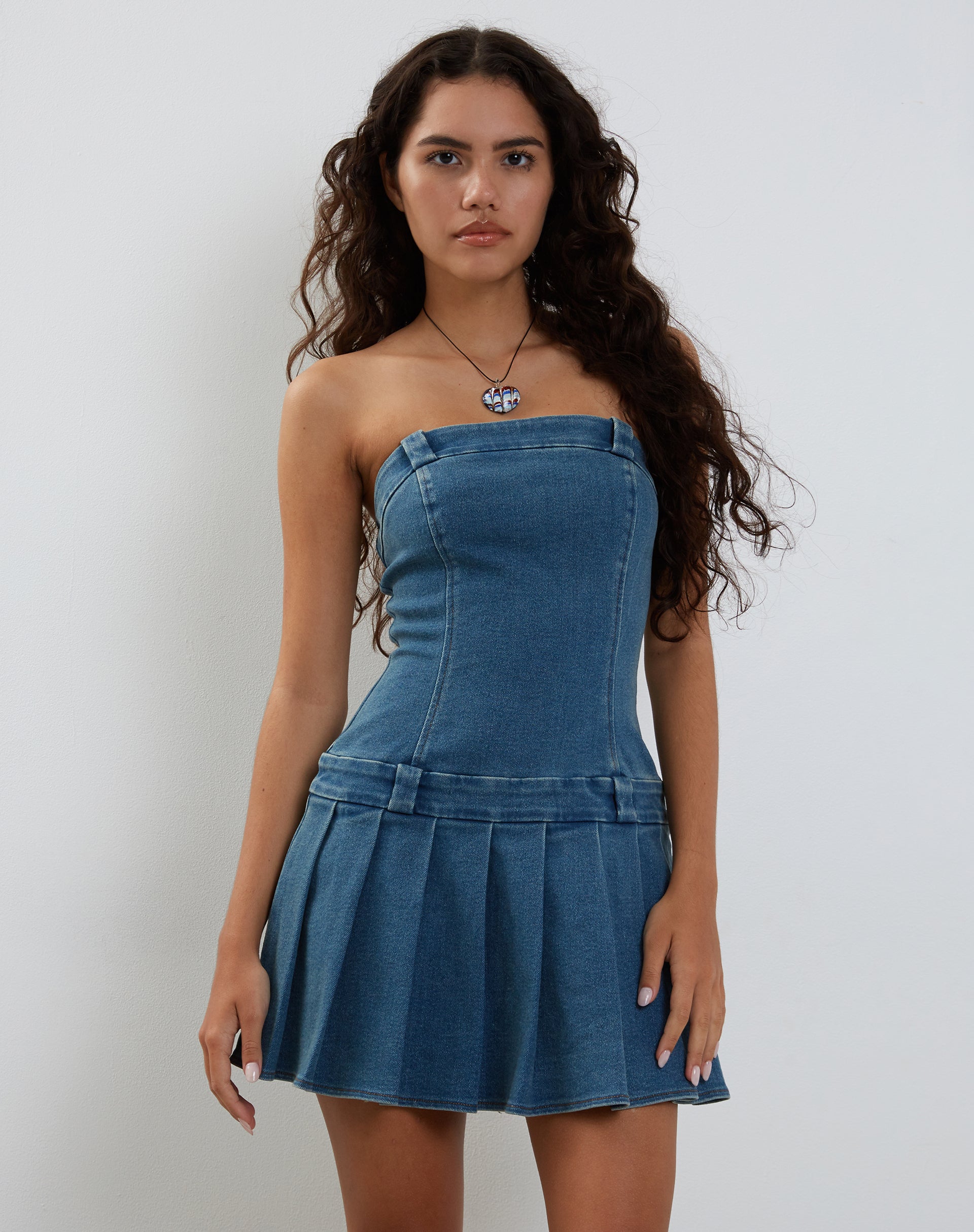 Afbeelding van Pajaya Denim Bandeau Mini Jurk in Blue Wash