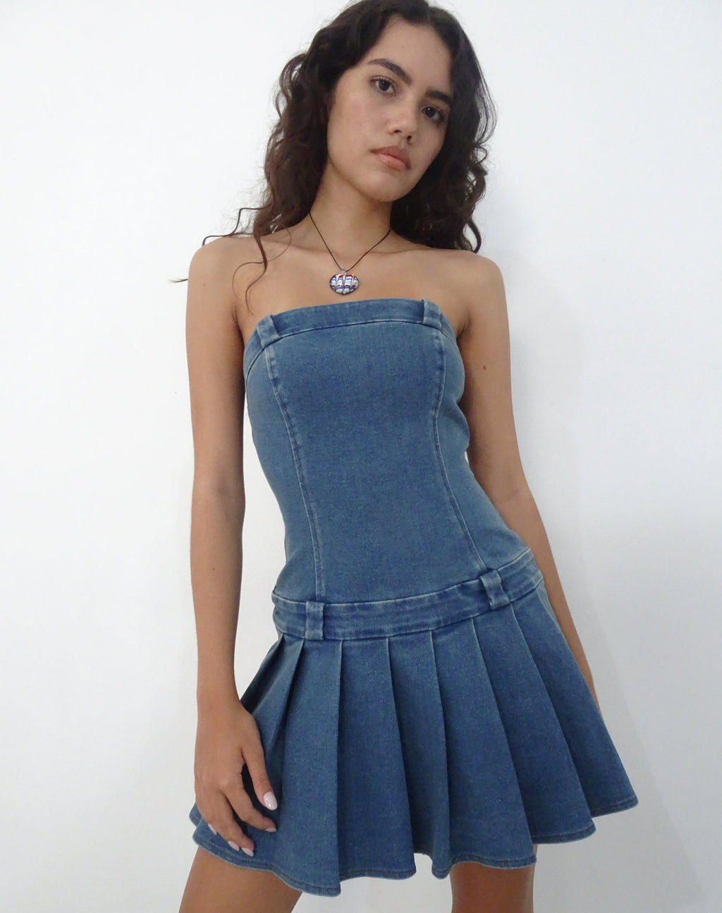 Pajaya Denim Bandeau Mini Jurk in Blue Wash