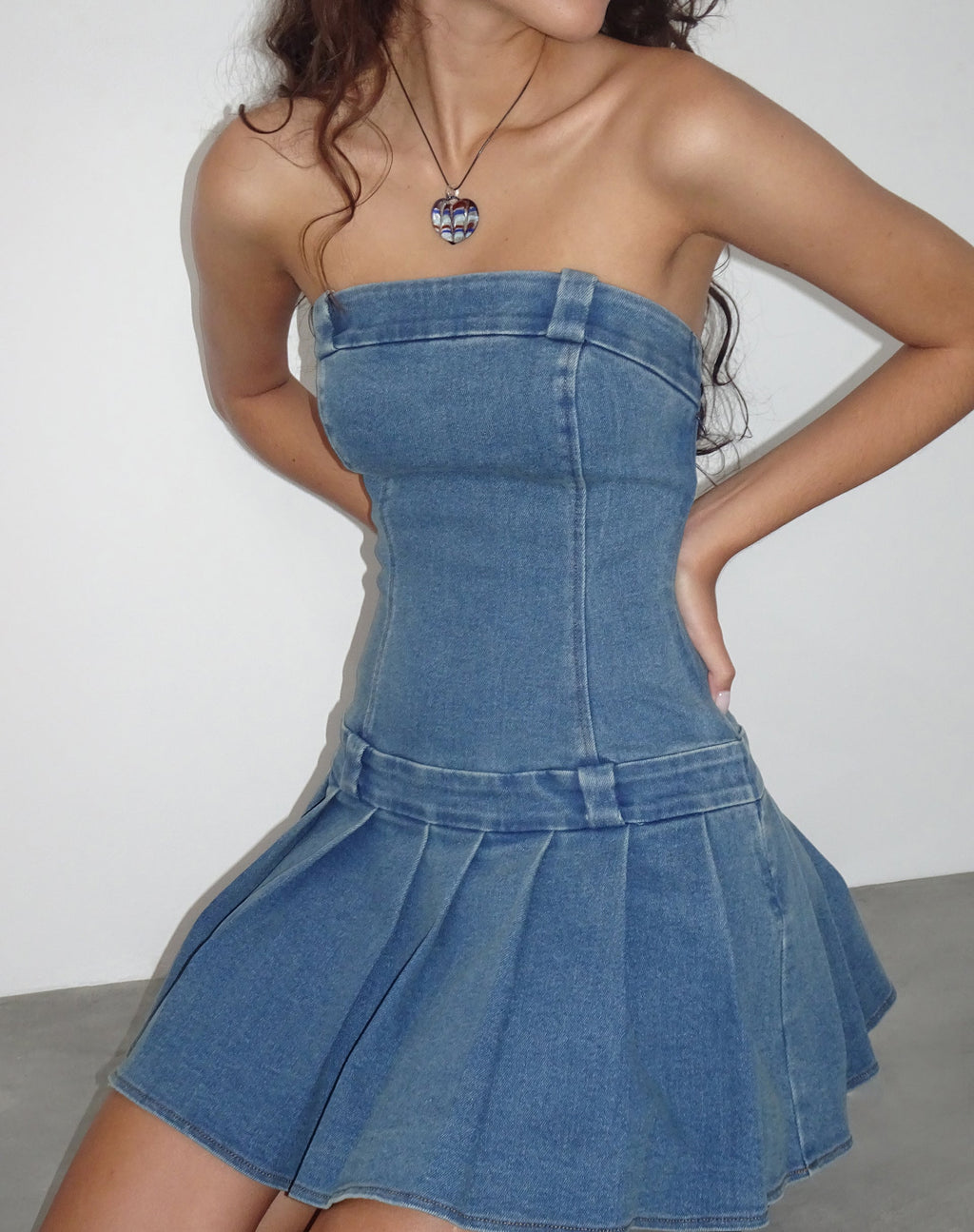Pajaya Denim Bandeau Mini Jurk in Blue Wash