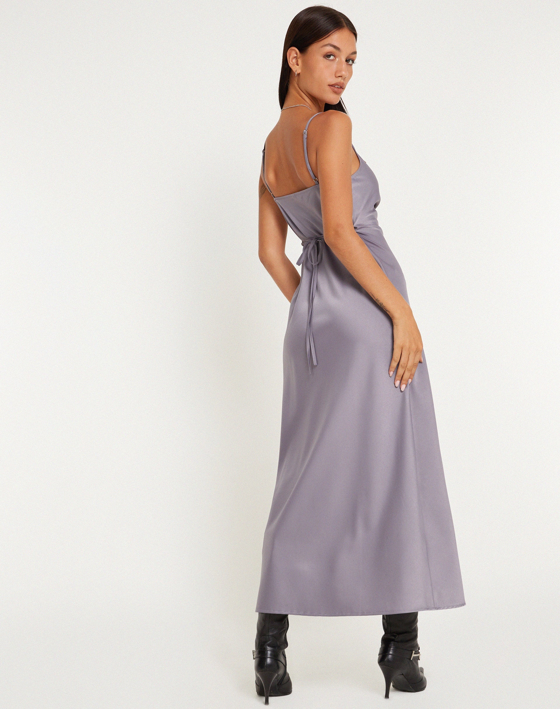 BEELD VAN Palasha Midaxi Dress in Satin Grey Ridge