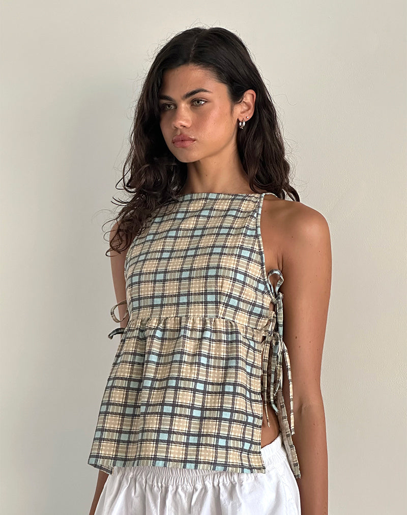 Afbeelding van Palsi Losse Mouwloze Top in Pastelblauw Tartan