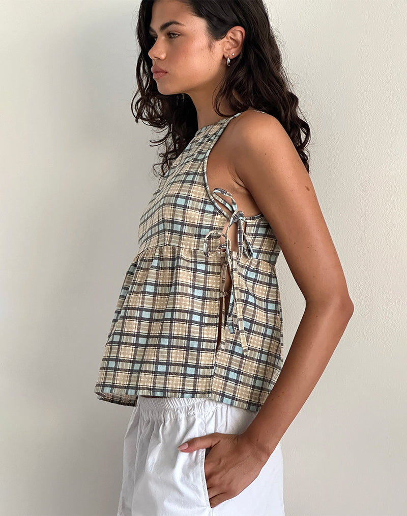 Afbeelding van Palsi Losse Mouwloze Top in Pastelblauw Tartan
