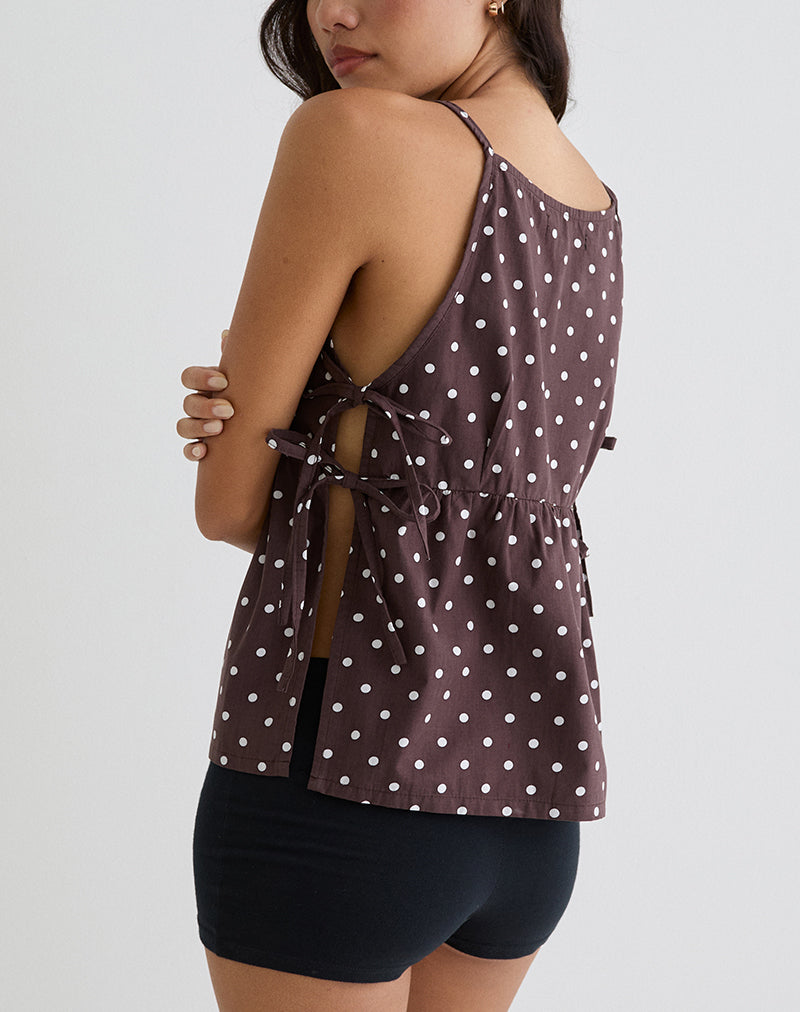 Afbeelding van Palsi Zijde Band Top in Bruin met Medium Polka Wit