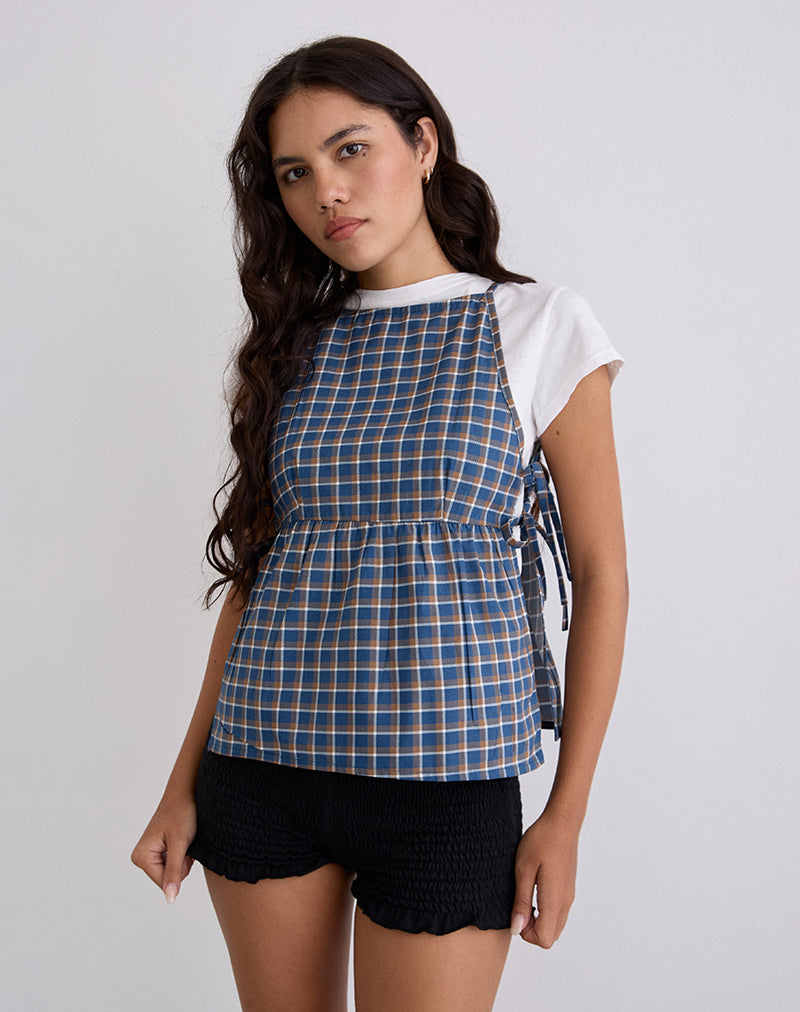 Palsi top met bandjes aan de zijkant in medium geruit blauw