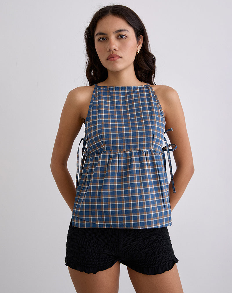 Afbeelding van Palsi top met bandjes aan de zijkant in medium geruit blauw