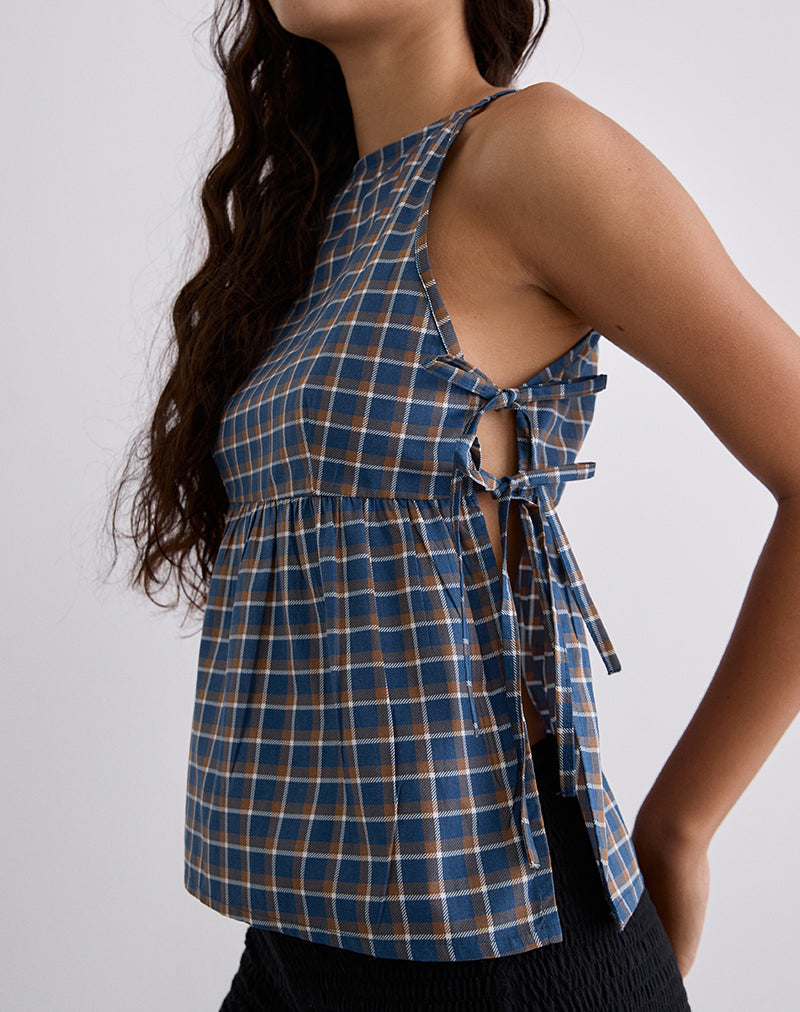 Palsi top met bandjes aan de zijkant in medium geruit blauw