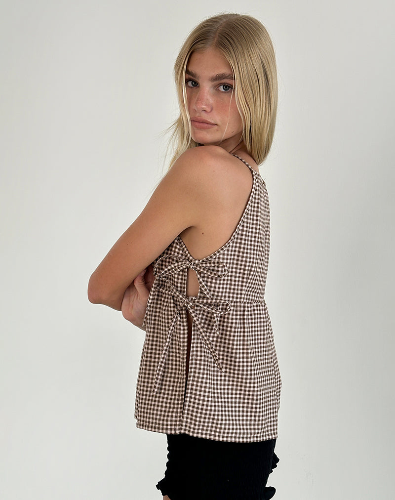 Afbeelding van Palsi Bandzijde Mouwloze Top in Bruin Mini Gingham
