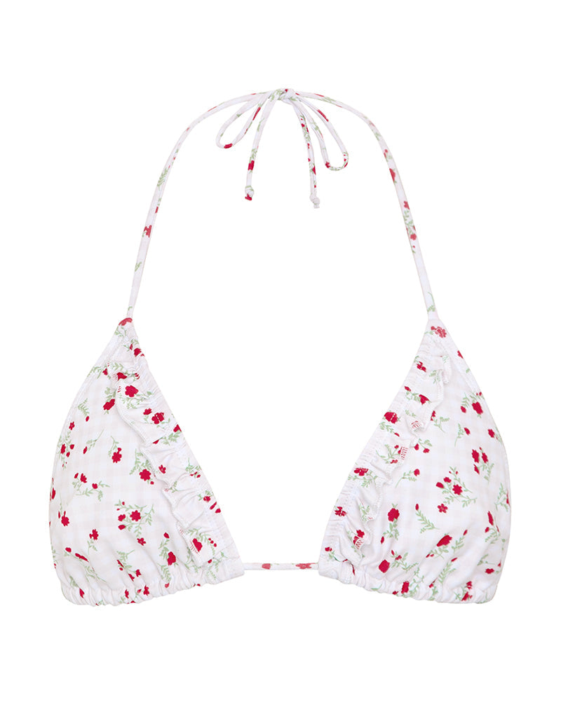 Afbeelding van Pami Bikini Top in Rood Bloemig Beige Gingham met Ruche
