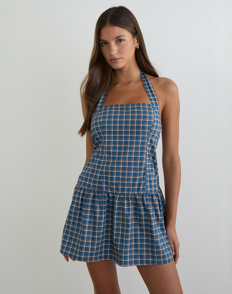 Afbeelding van Panja Mini Halter Neck Dress in Medium Tartan Blue