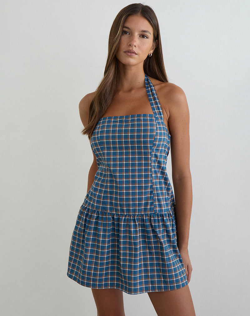 Afbeelding van Panja Mini Halter Neck Dress in Medium Tartan Blue