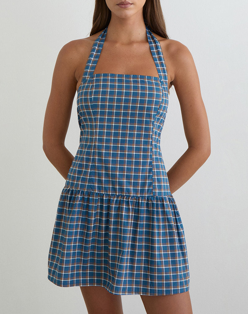 Afbeelding van Panja Mini Halter Neck Dress in Medium Tartan Blue