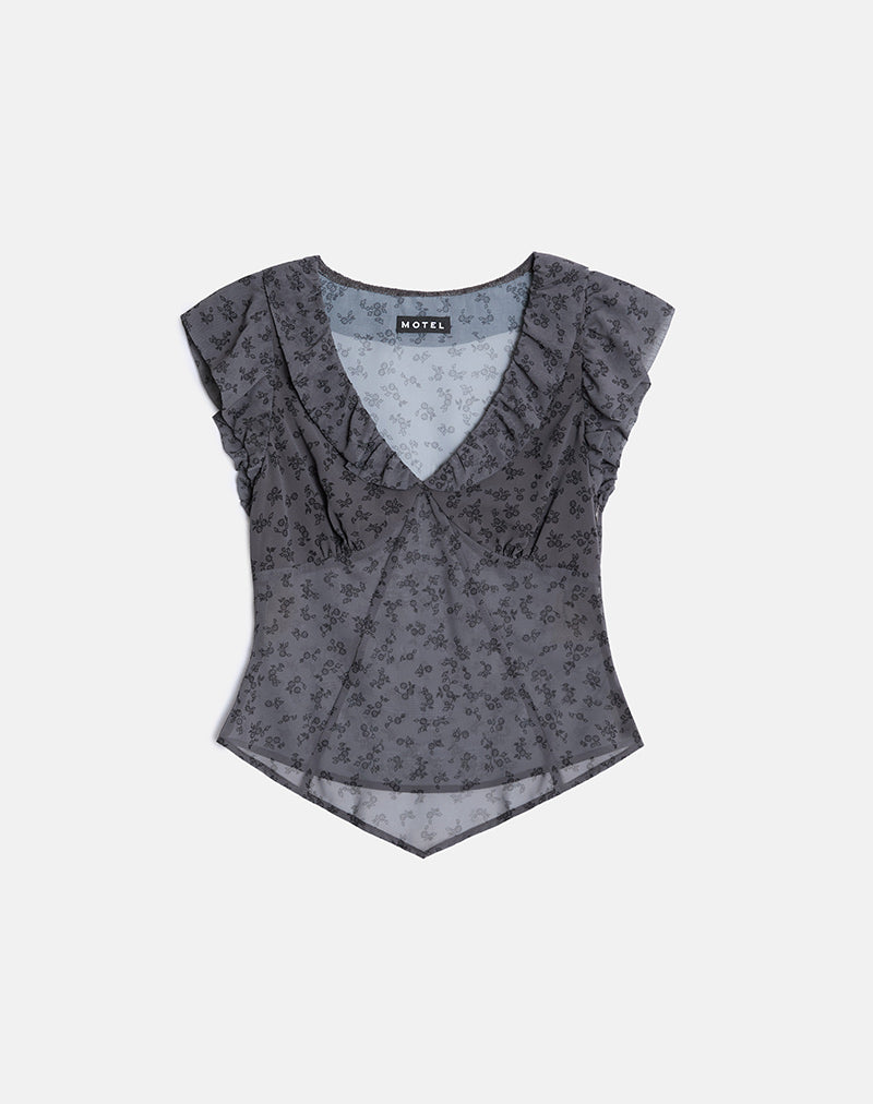 Image of Paquita Top in Chiffon Minimal Flower Dark Grey