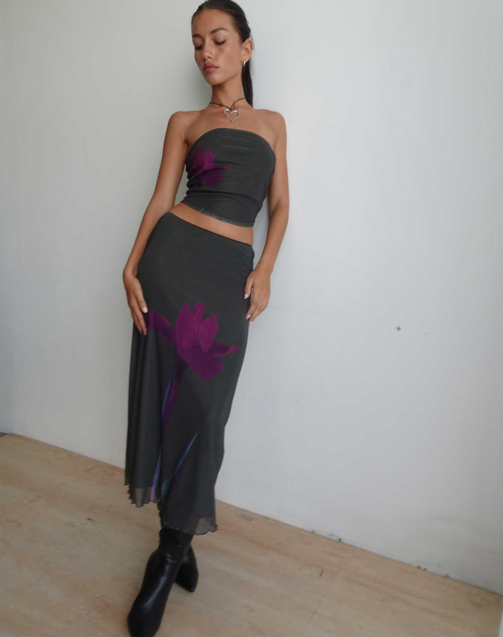 Lassie Maxi rok in groen met paarse bloemenprint