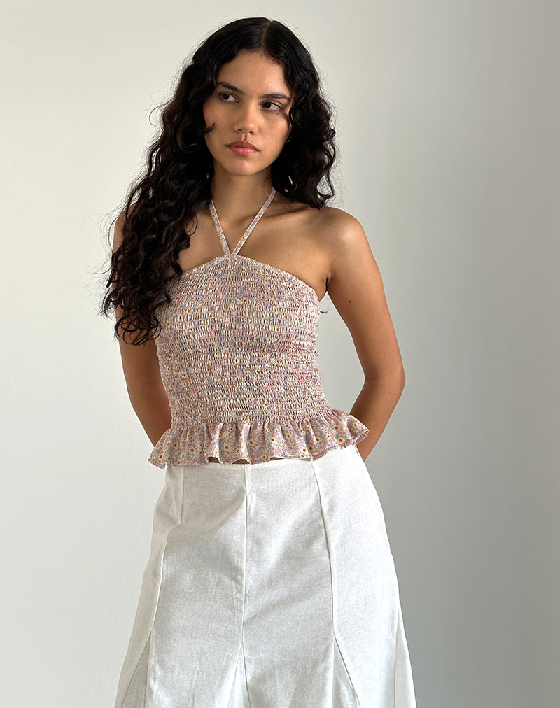 Afbeelding van Phobe Shirred Halterneck Top in 70s Prairie Girl Floral