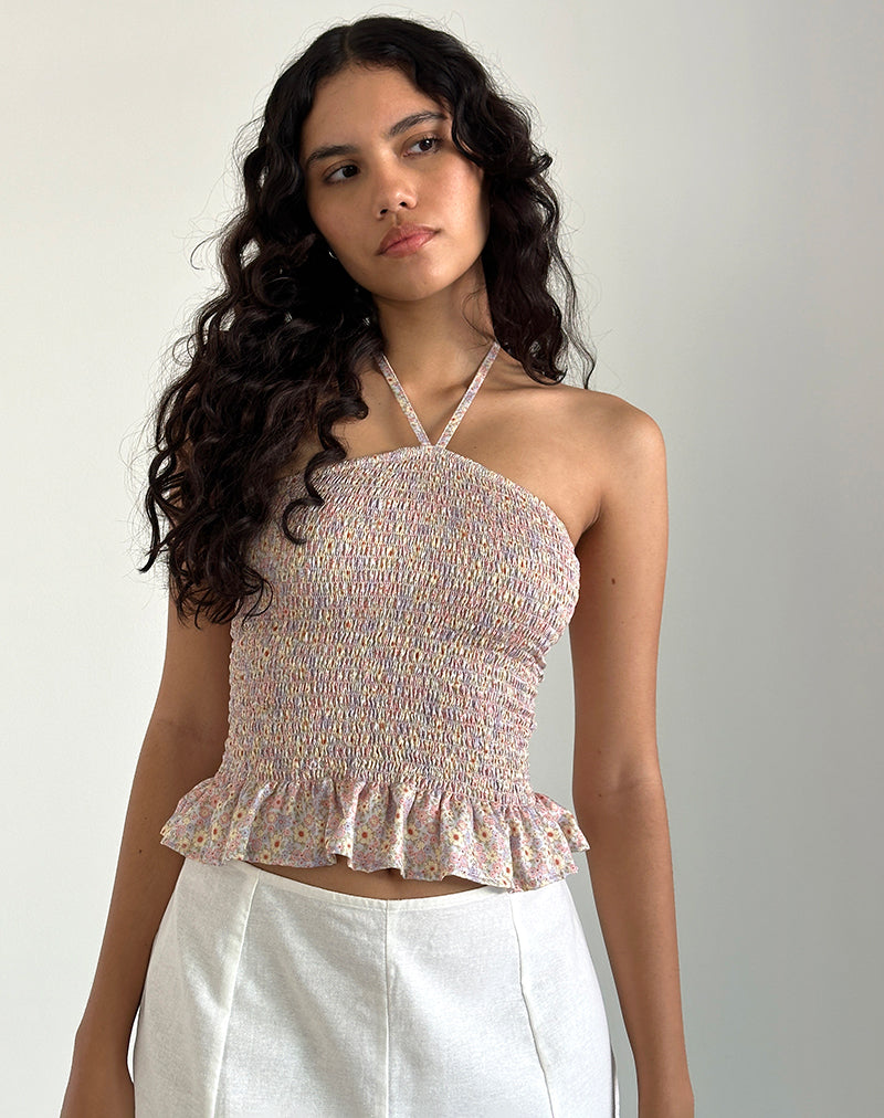 Afbeelding van Phobe Shirred Halterneck Top in 70s Prairie Girl Floral