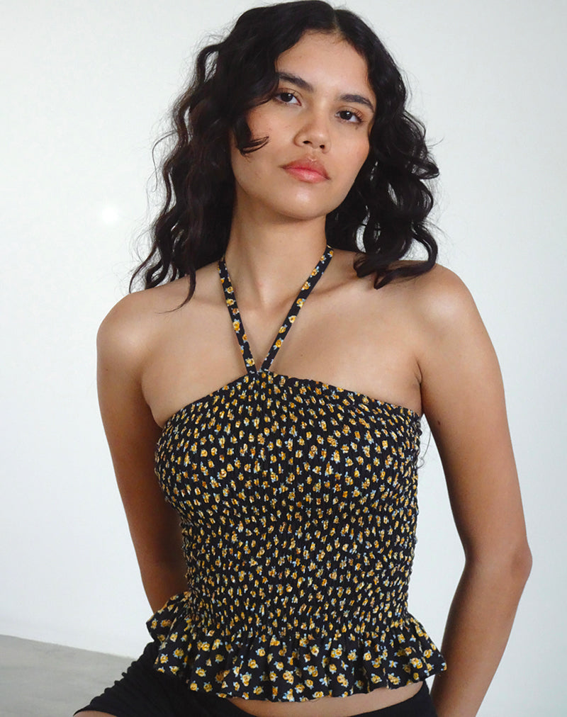 Phobe Gerimpelde Halternek Top in Ditsy Floral Bronze